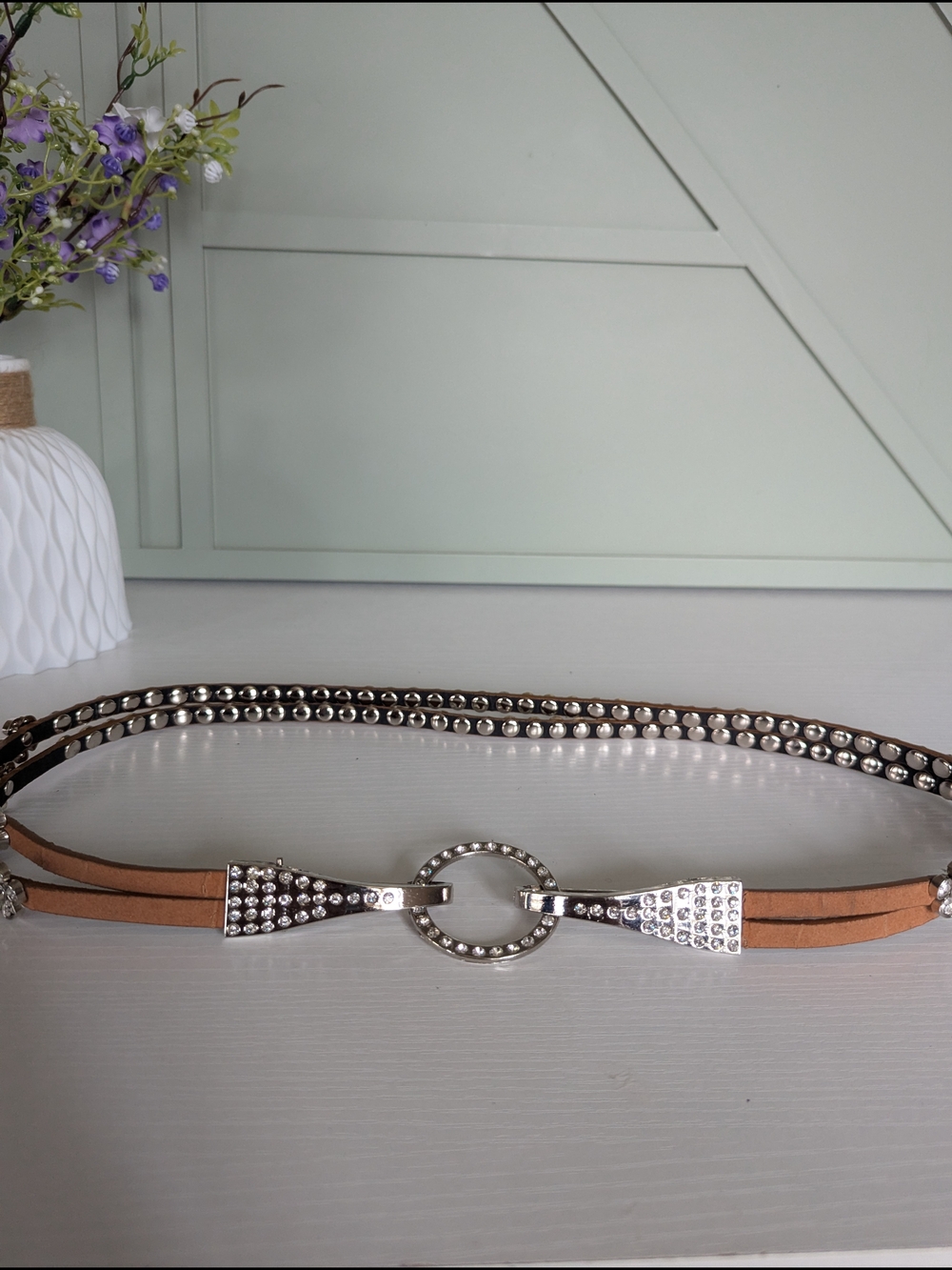 Studded Tan Leather Circle-Buckle Waist Belt